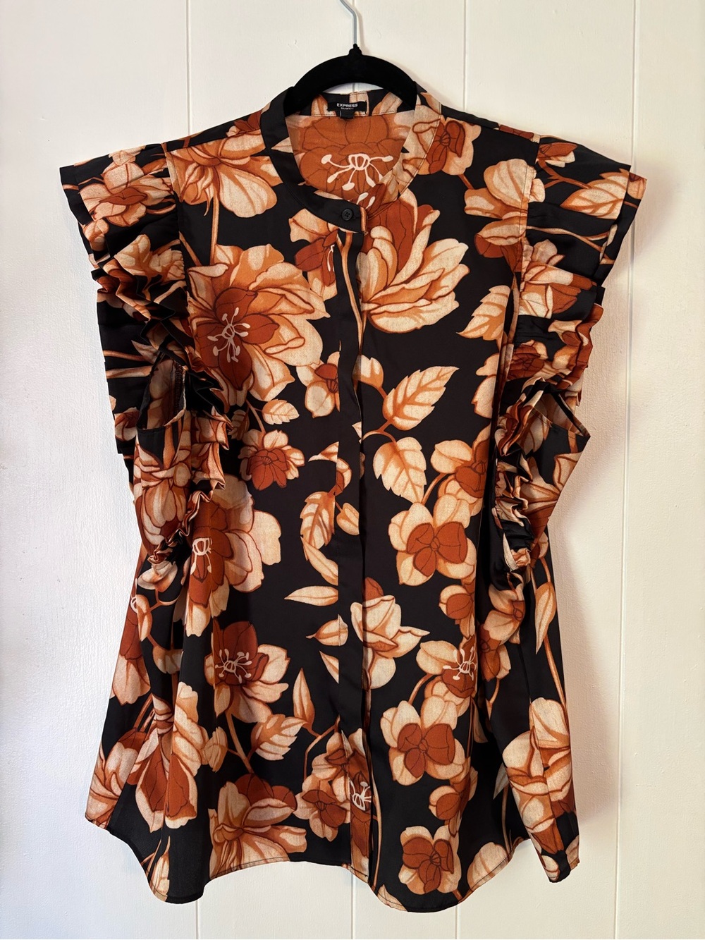 Express Black Floral Ruffle Sleeve Blouse in Brown and Cream
